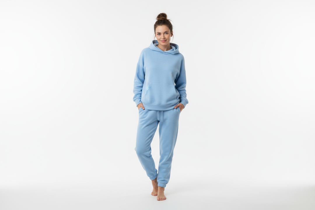 woman wear a light blue sweat suit